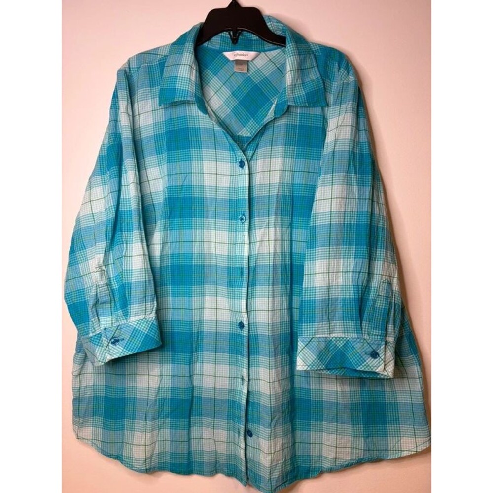 CJ Banks Plaid Shirt 1X Blue Teal Green Checkered Casual Plus Size Lightweight